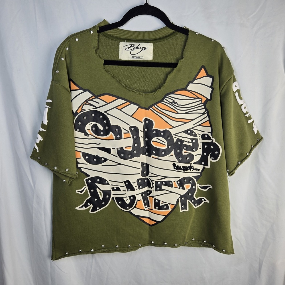 Bkys Black Keys Super Duper Puff Paint Rhinestone Shirt Medium Green Boxy Thrash